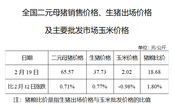 生猪数据：        全国二元母猪销售价格、生猪出场价格及主要批发市场玉米价格（2月21日）