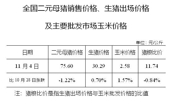 生猪数据：        全国二元母猪销售价格、生猪出场价格及主要批发市场玉米价格（11月9日）